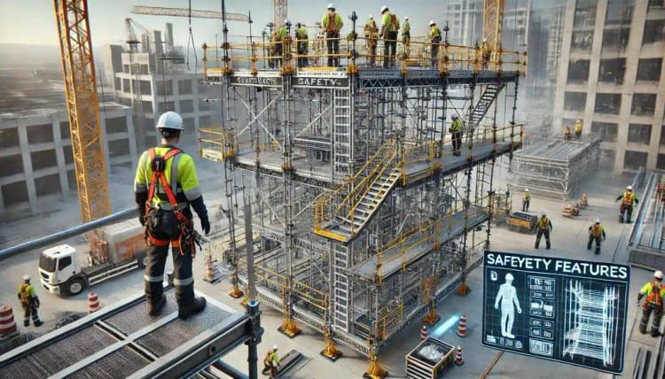 A worker overlooking a multi-level scaffold with a digital safety-features overlay