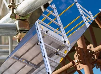 Close-ups of scaffold couplers, aluminium stair units and tube-and-clamp fittings