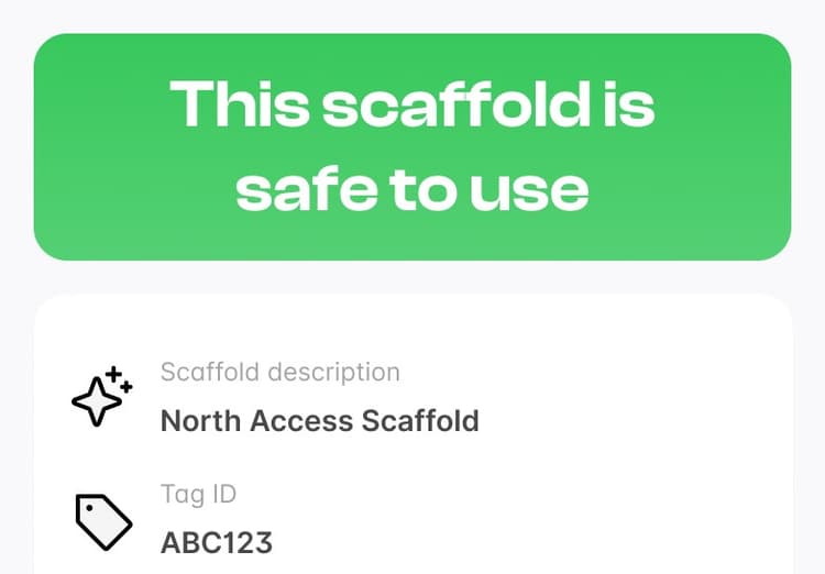A green 'This scaffold is safe to use' digital scafftag showing the scaffold name and tag ID