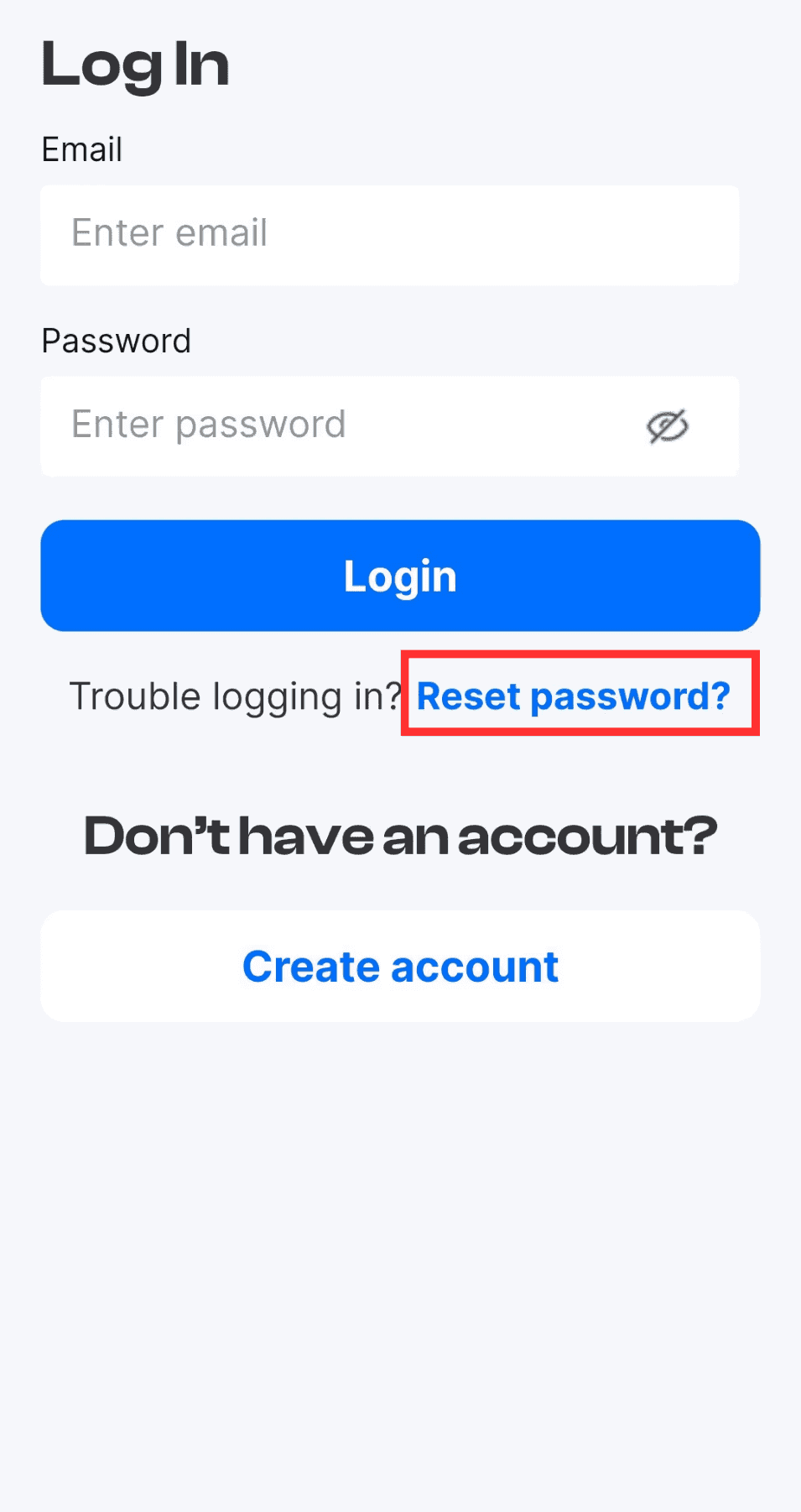 The mobile app login screen with the Reset password option