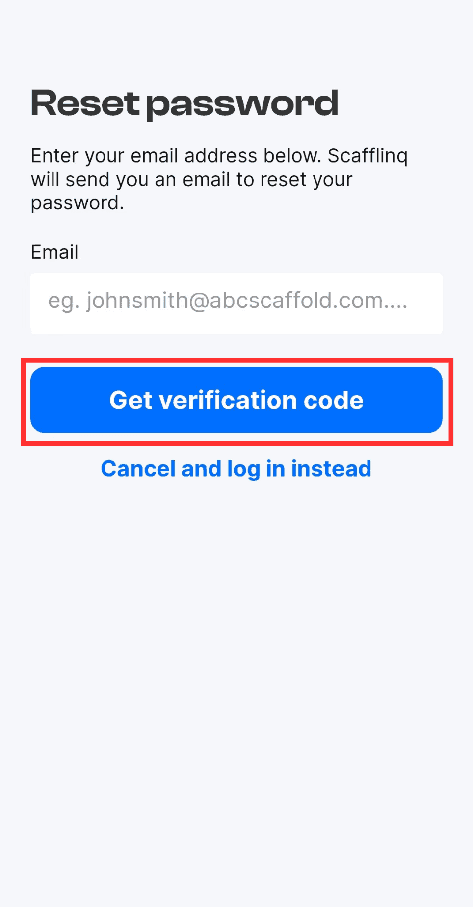 Entering your email to get a verification code in the mobile app