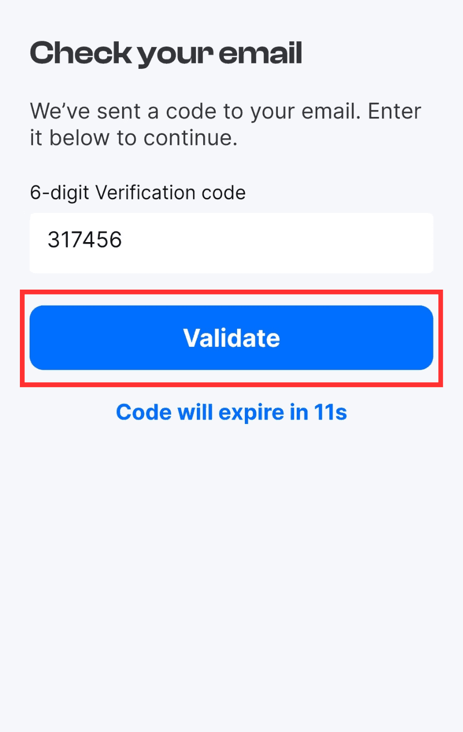 Entering the 6-digit verification code in the mobile app