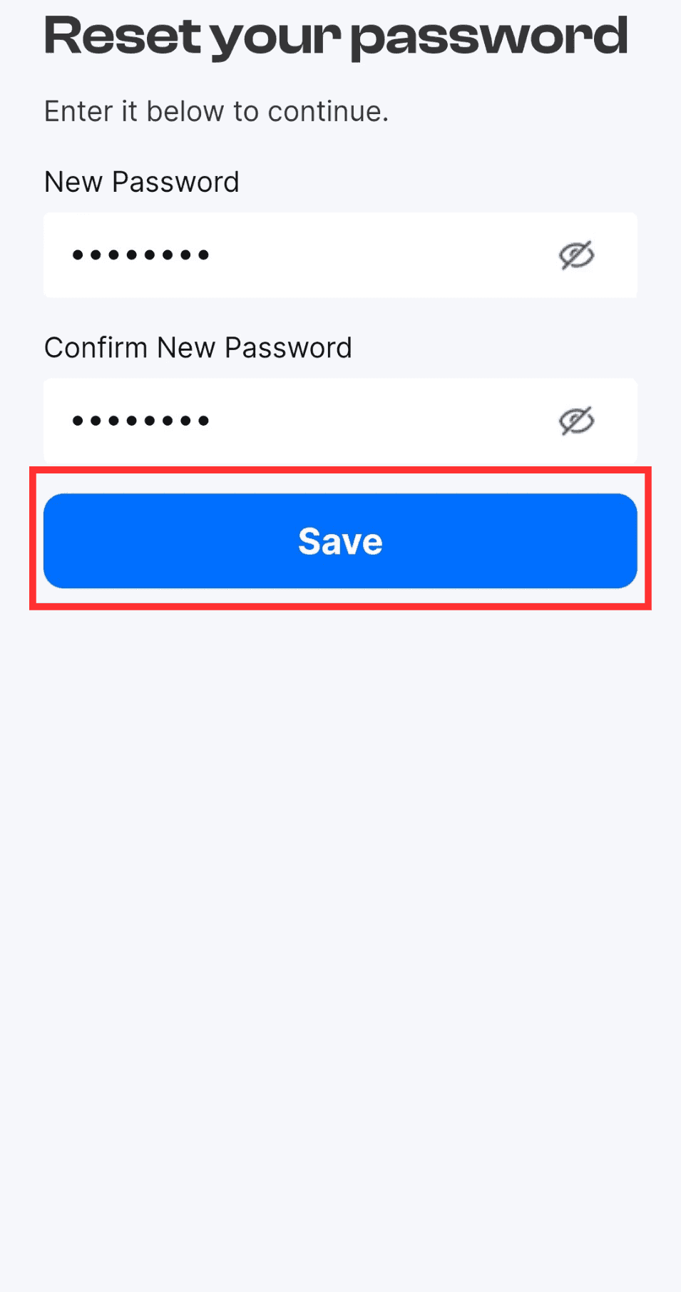 Entering and confirming a new password in the mobile app