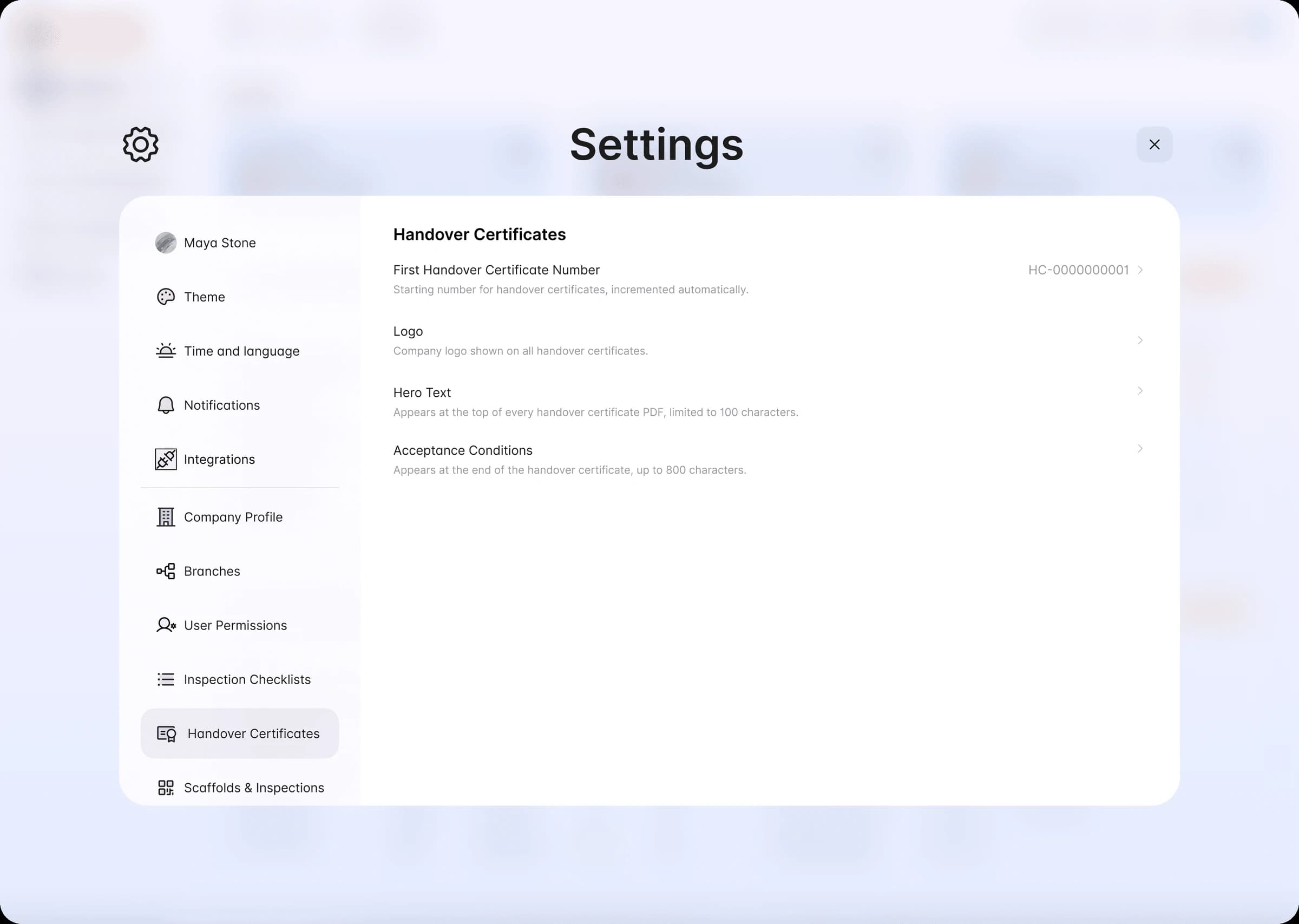 The Handover Certificates page in Organisation Settings