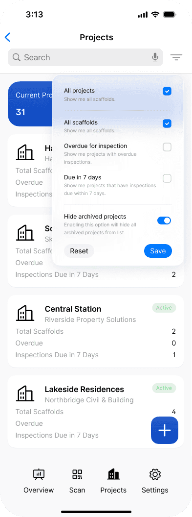 The mobile Projects filter panel with the Hide archived projects toggle