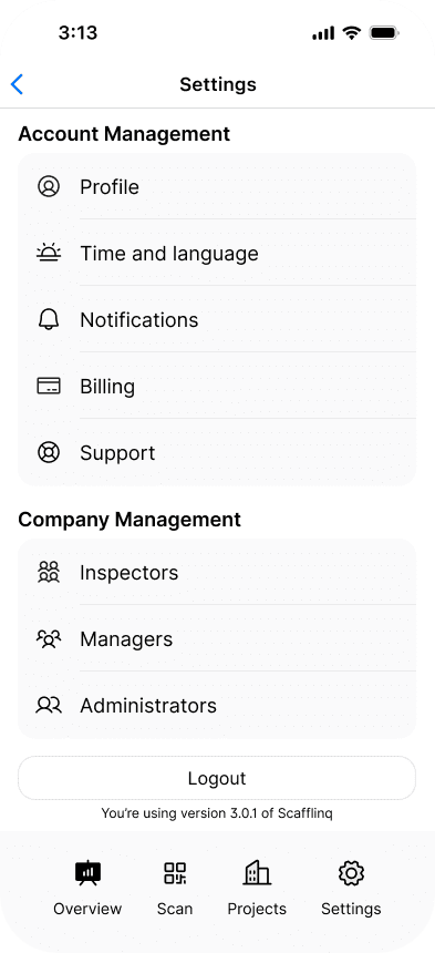 The mobile app Settings menu with Company Management options