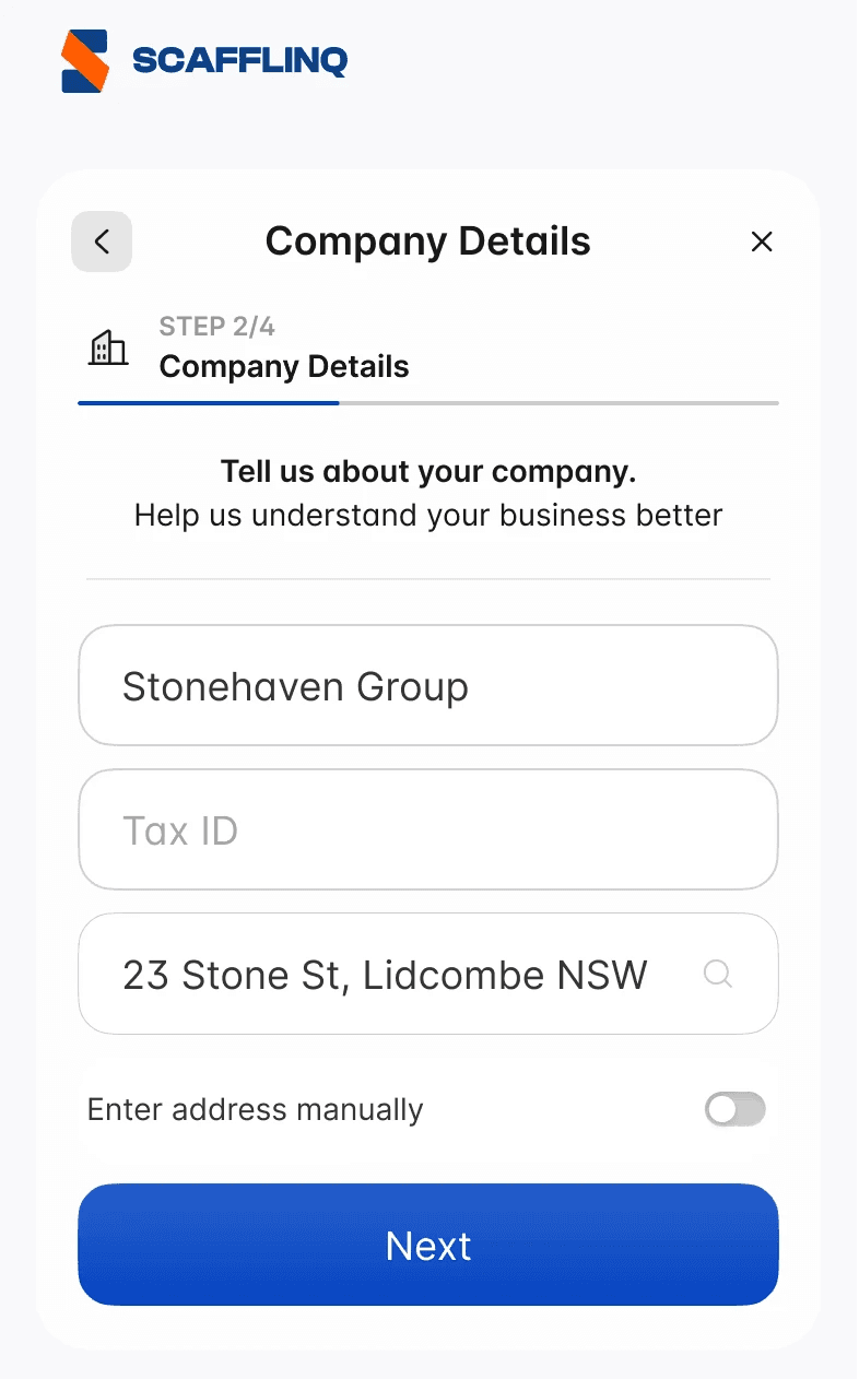 Adding your company details in the mobile sign-up form