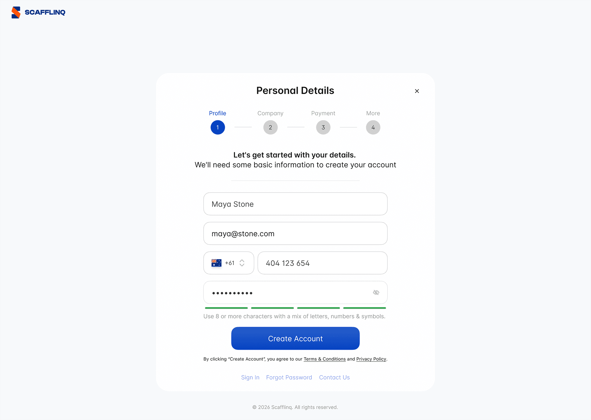 Filling in your personal details on the web sign-up form