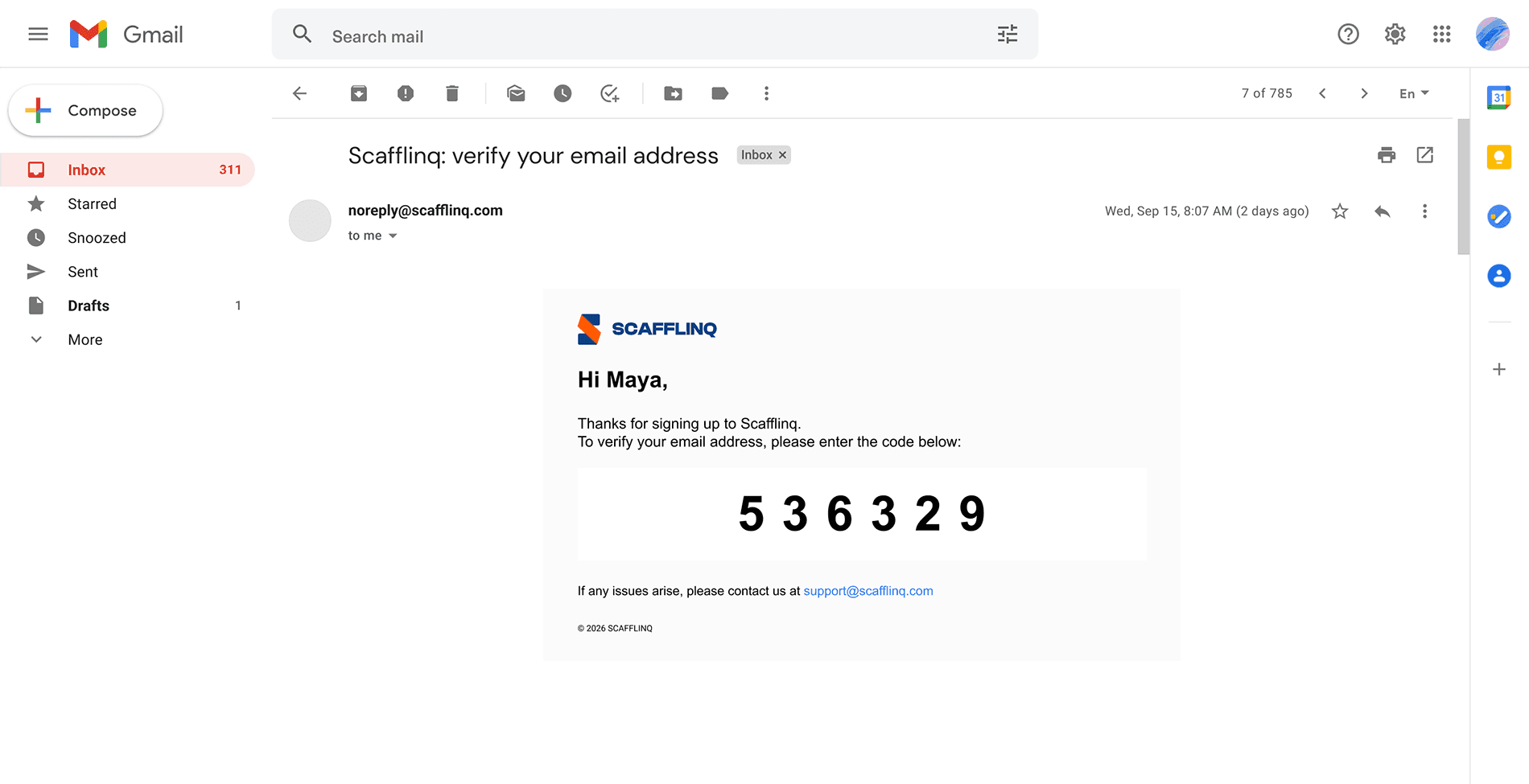 The verification code email step during company sign-up