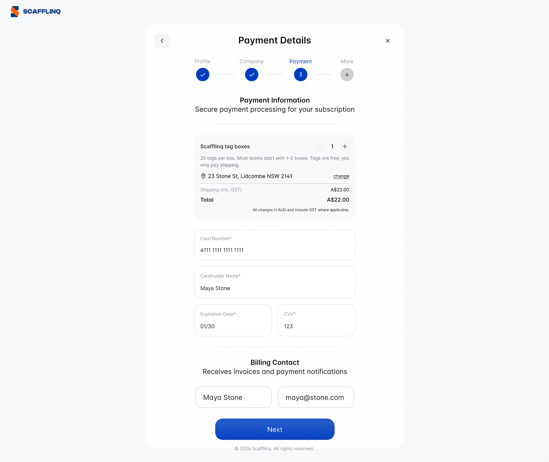 Choosing how many tag boxes to order and adding billing details