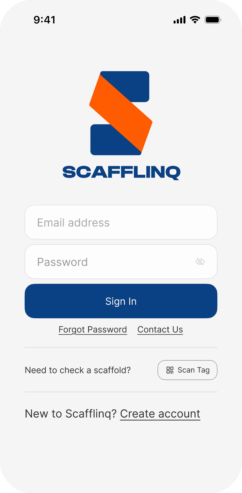 Choosing between Create Account and Scan Tag in the mobile app