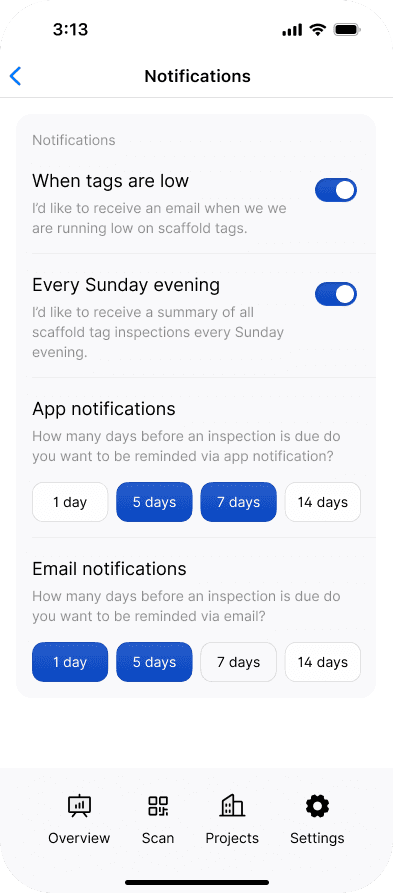 The Notifications settings with inspection reminder days and delivery options