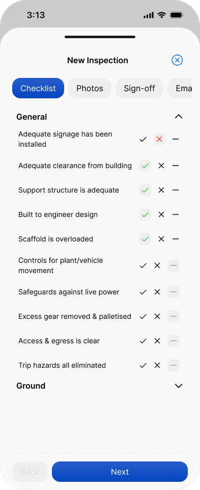 Working through the inspection checklist items in the mobile app