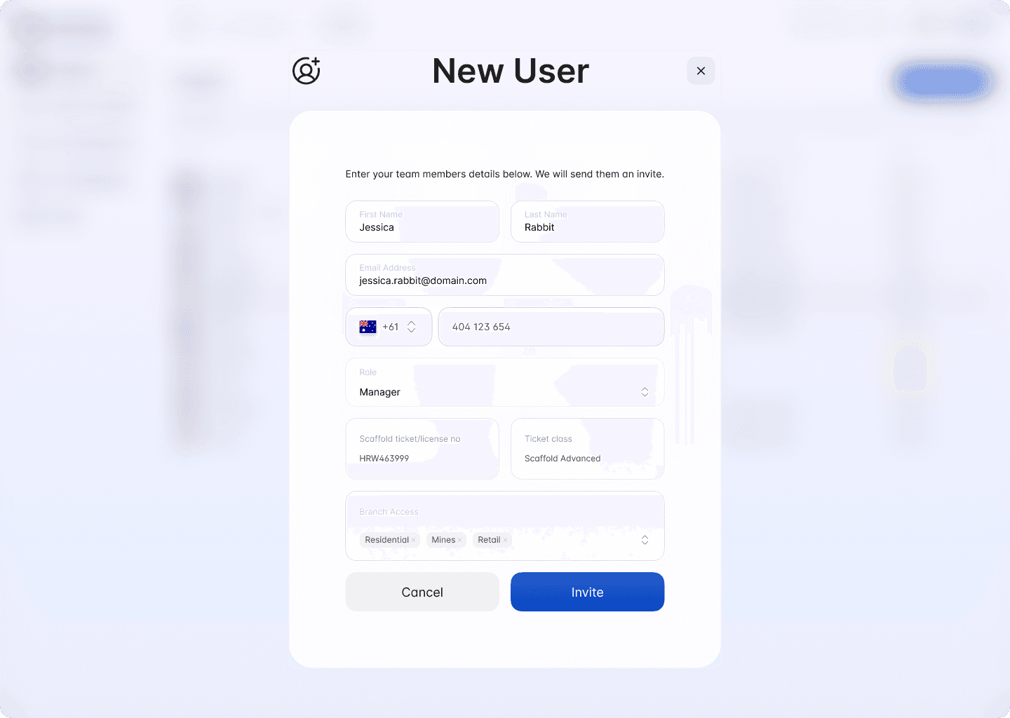 The New User form open in the web portal