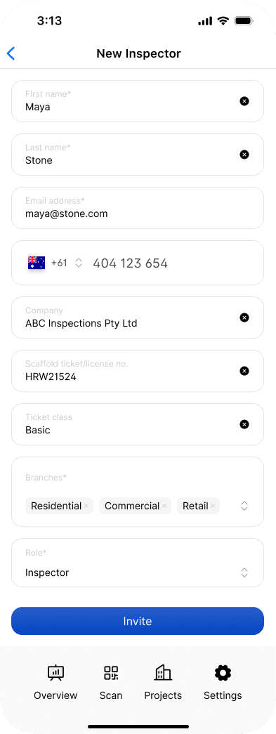 Filling in the new user details in the mobile app