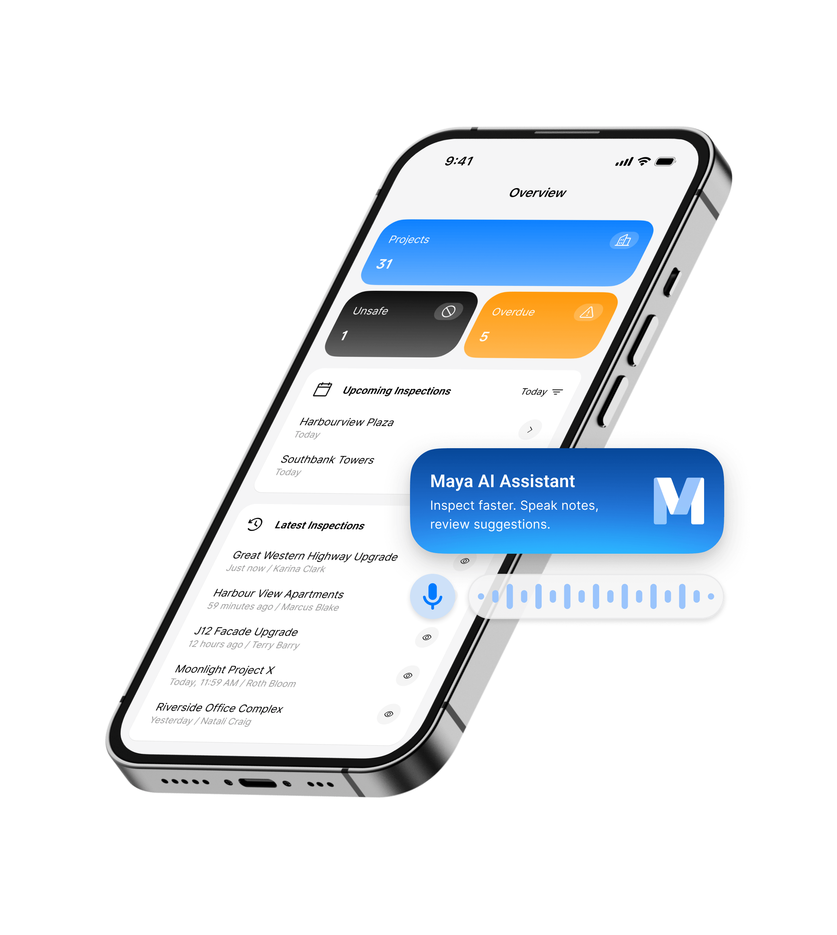 The Scafflinq app showing a live scaffold inspection dashboard, with the Maya AI Assistant card