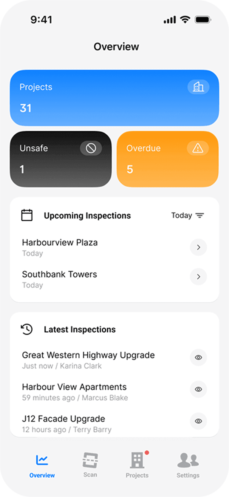The Scafflinq app showing a scaffold inspection